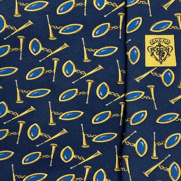 Gucci Silk Tie Italy Made Vintage Horsebit Blue Gold Starter Horn Horse Racing - Picture 3 of 7